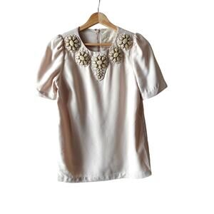 Vintage Karta Womens Embellished Top Small Cream Pink Beaded Coquette Romantic